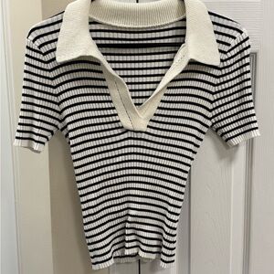 Striped Ribbed Knit Collared Top